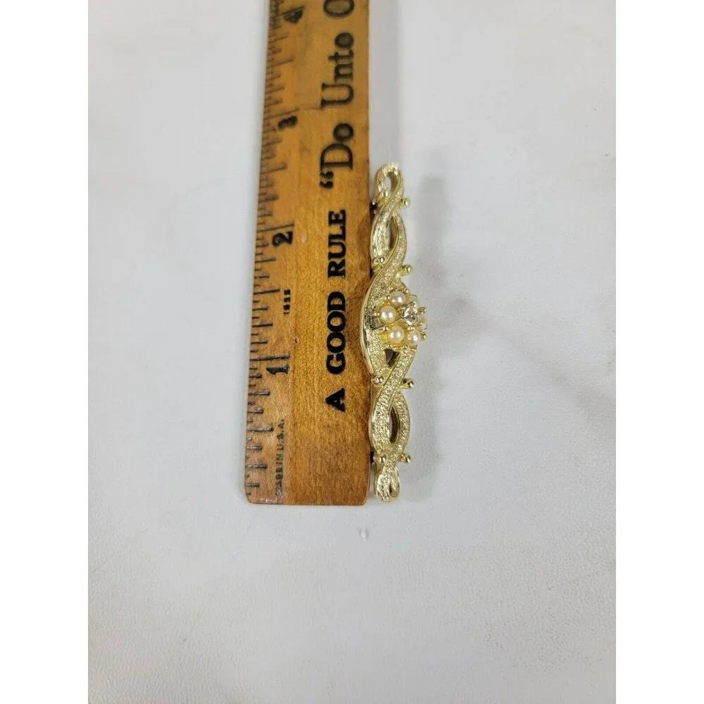 Emmons‎ Faux Pearl Rhinestone Gold Tone Bar Brooch Pin Signed Vintage